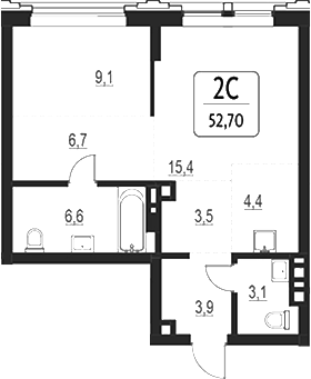 Планировка своб. план. 52.70 м² в ЖК «Первый»