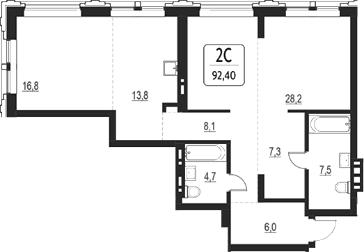 Планировка свободная планировка 92.40 м² в ЖК «Первый»