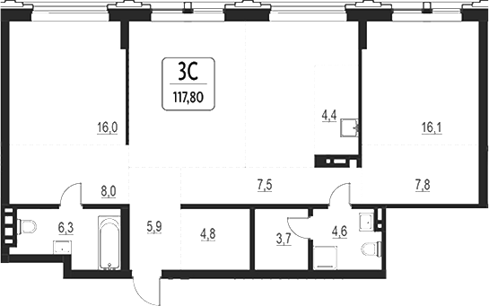Планировка своб. план. 117.80 м² в ЖК «Первый»