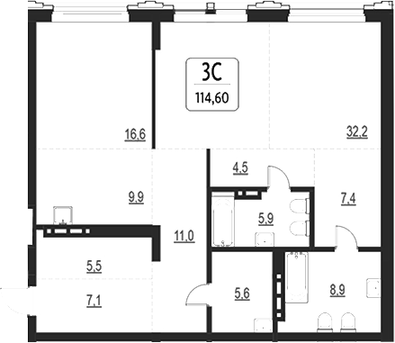 Планировка своб. план. 114.60 м² в ЖК «Первый»