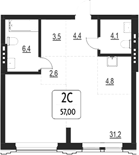 Планировка своб. план. 57.00 м² в ЖК «Первый»
