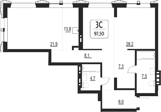 Планировка свободная планировка 97.50 м² в ЖК «Первый»