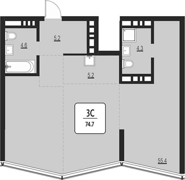 Планировка свободная планировка 74.70 м² в ЖК «Первый»
