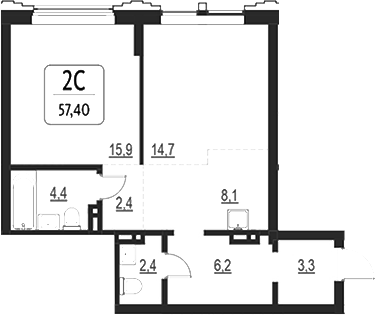 Планировка свободная планировка 57.40 м² в ЖК «Первый»