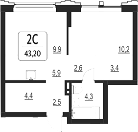 Планировка своб. план. 43.20 м² в ЖК «Первый»