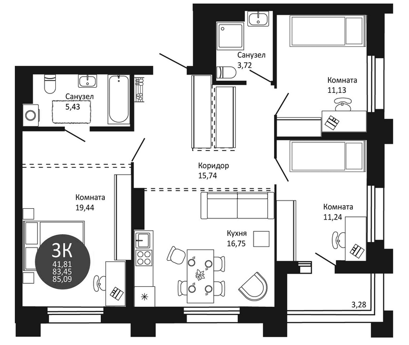 Планировка 3-к.кв 83.45 м² в ЖК «Первый на Рябиновой»