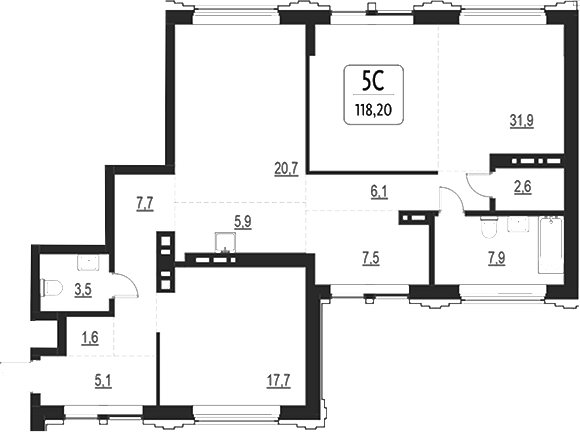 Планировка своб. план. 118.20 м² в ЖК «Первый»
