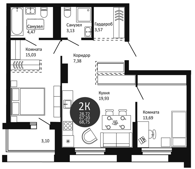 Планировка 2-к.кв 67.20 м² в ЖК «Первый на Рябиновой»