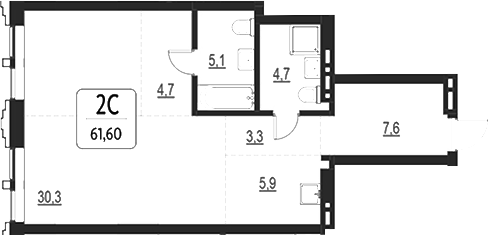 Планировка своб. план. 61.60 м² в ЖК «Первый»