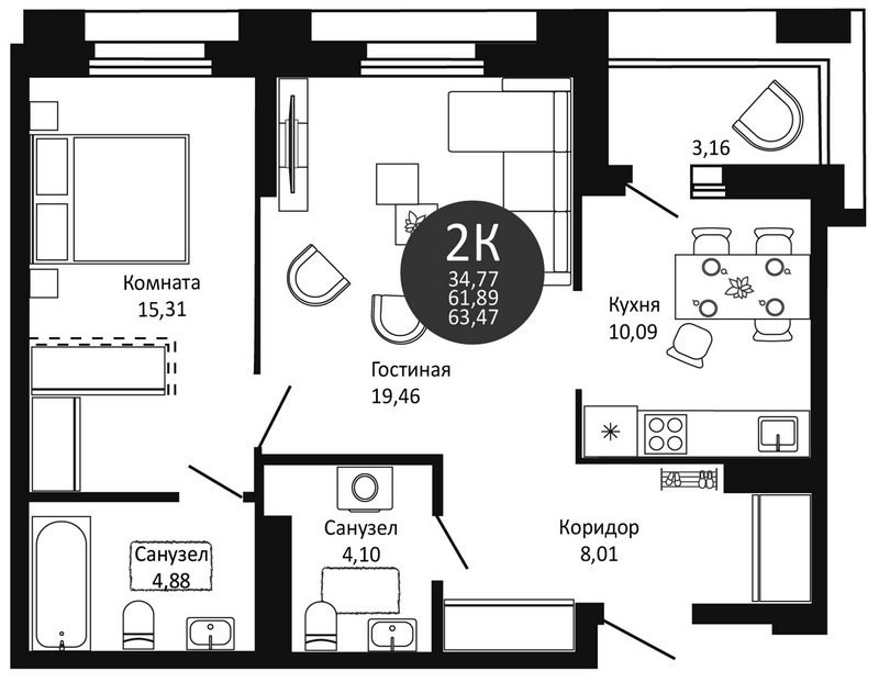 Планировка 2-к. квартира 61.85 м² в ЖК «Первый на Рябиновой»