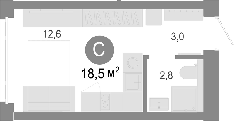 Планировка студии 18.50 м² в ЖК «Молодость»