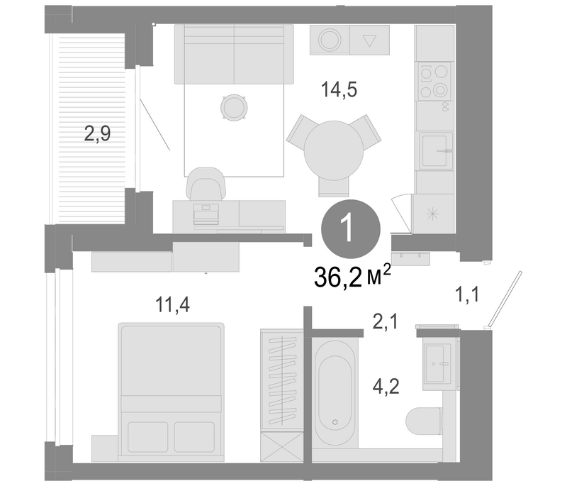 Планировка 2е-к. квартира 33.30 м² в ЖК «Молодость»