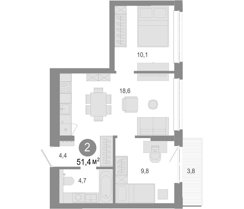 Планировка 3е-к.кв 50.26 м² в ЖК «Молодость»