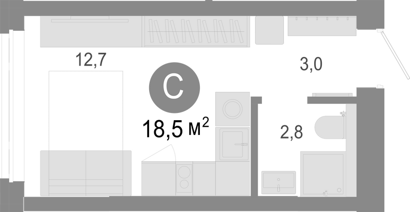 Планировка студии 18.50 м² в ЖК «Молодость»