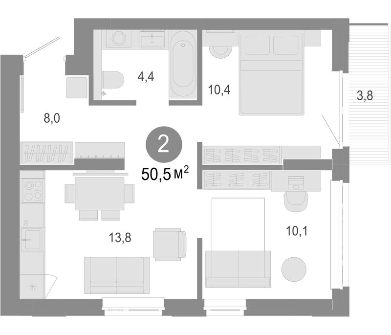 Планировка 3е-к.кв 49.36 м² в ЖК «Молодость»