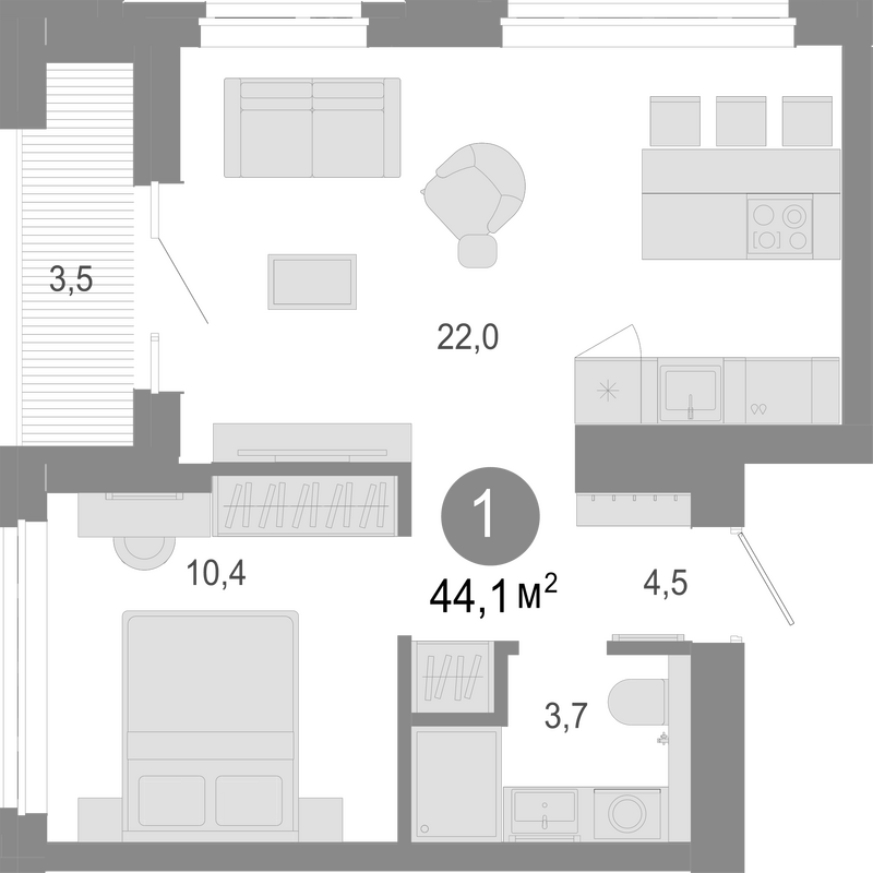 Планировка 2е-к. квартира 42.35 м² в ЖК «Молодость»