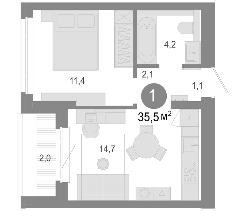Планировка 2е-к. квартира 33.50 м² в ЖК «Молодость»