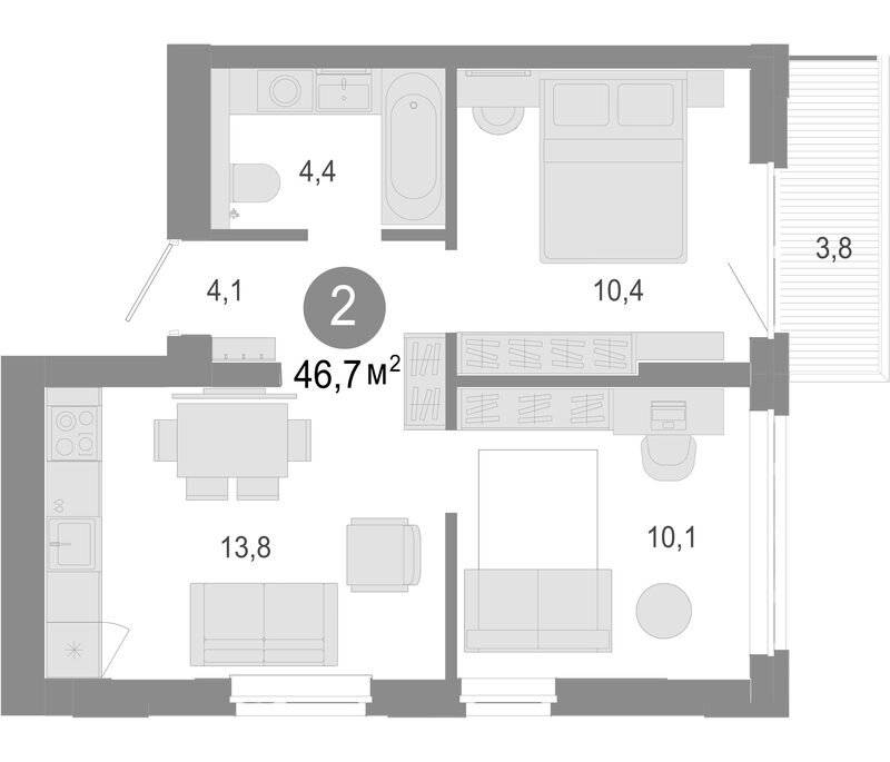 Планировка 3е-к.кв 45.56 м² в ЖК «Молодость»