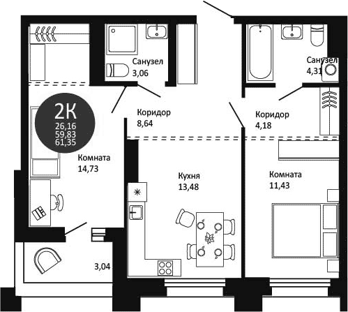 Планировка 2-к. квартира 59.83 м² в ЖК «Первый на Рябиновой»