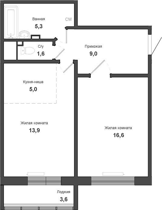 Планировка 2е-к.кв 51.40 м² в ЖК «Чистая Слобода»