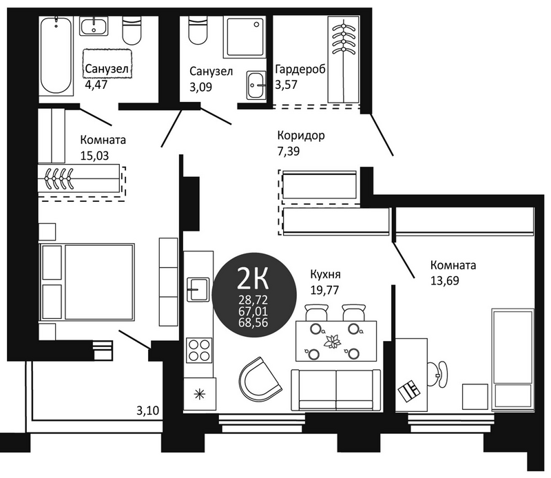 Планировка 2-к. квартира 67.01 м² в ЖК «Первый на Рябиновой»