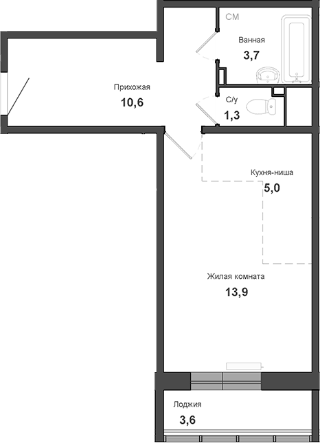 Планировка студии 36.30 м² в ЖК «Чистая Слобода»