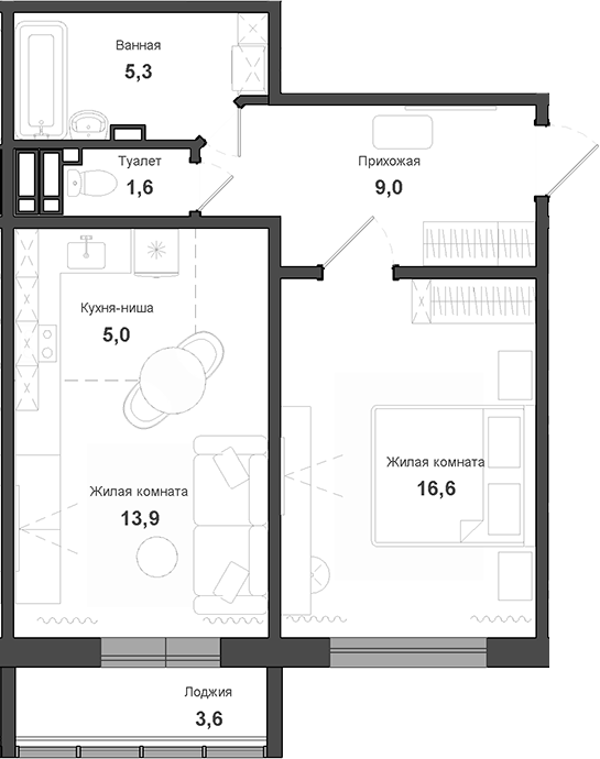 Планировка 2е-к.кв 51.40 м² в ЖК «Чистая Слобода»