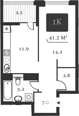 Планировка 1-к.кв 42.85 м² в ЖК «Нобель»