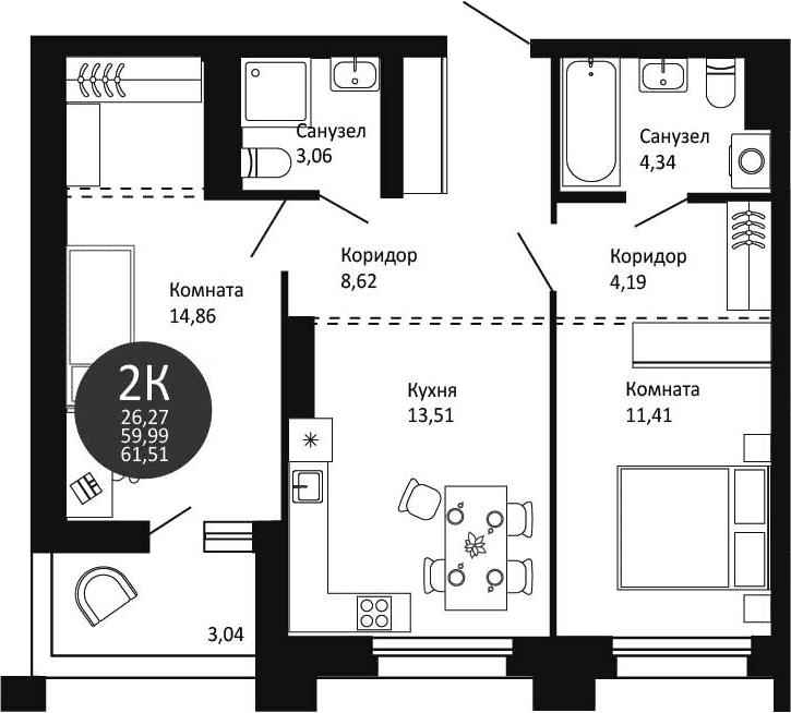 Планировка 2-к. квартира 59.99 м² в ЖК «Первый на Рябиновой»