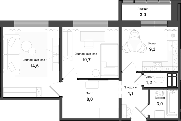 Планировка 2-к.кв 50.90 м² в ЖК «Чистая Слобода»