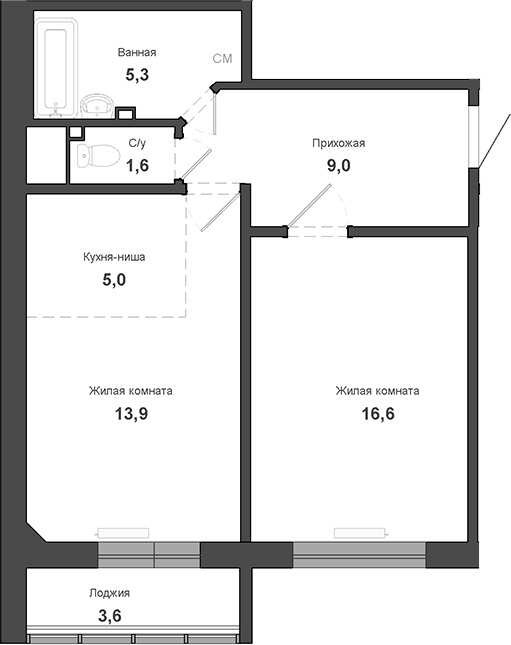 Планировка 2е-к.кв 53.20 м² в ЖК «Чистая Слобода»