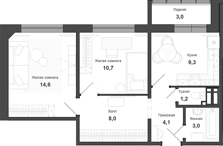 Планировка 2-к.кв 52.40 м² в ЖК «Чистая Слобода»