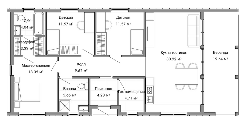 Планировка коттеджи 118.00 м² в ЖК «Коттеджный поселок Соловьи. НОРТХАУС»