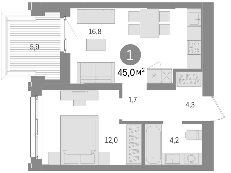 Планировка 2е-к.кв 38.10 м² в ЖК «Европейский берег»