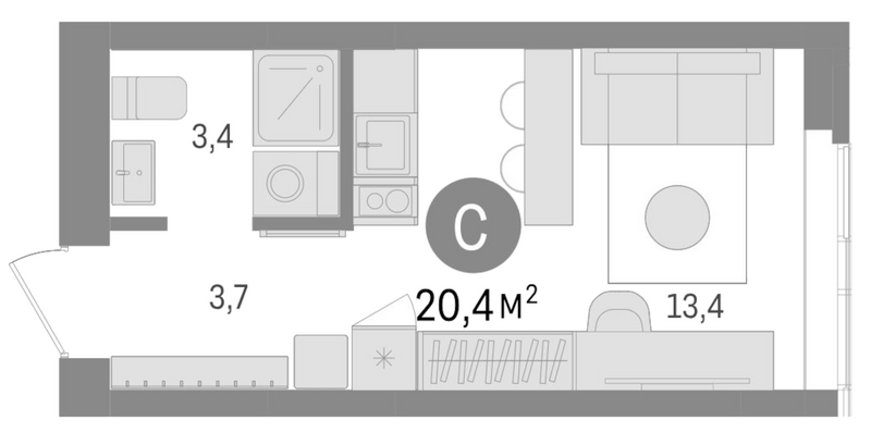 Планировка студии 20.40 м² в ЖК «Европейский берег»