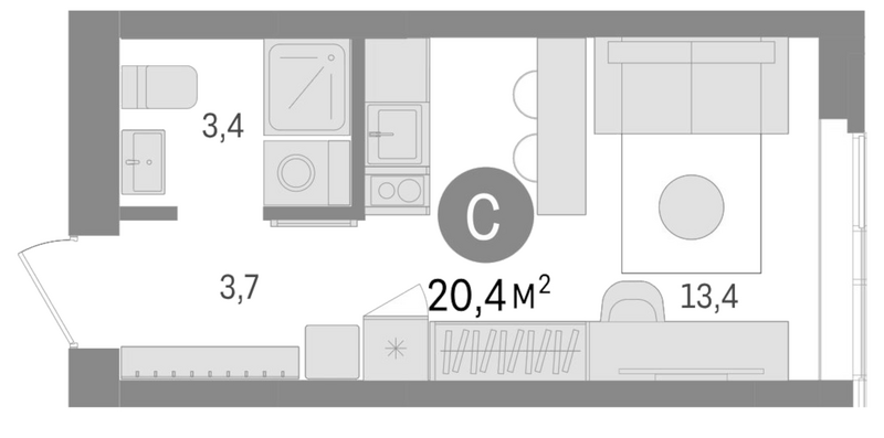 Планировка студии 20.40 м² в ЖК «Европейский берег»