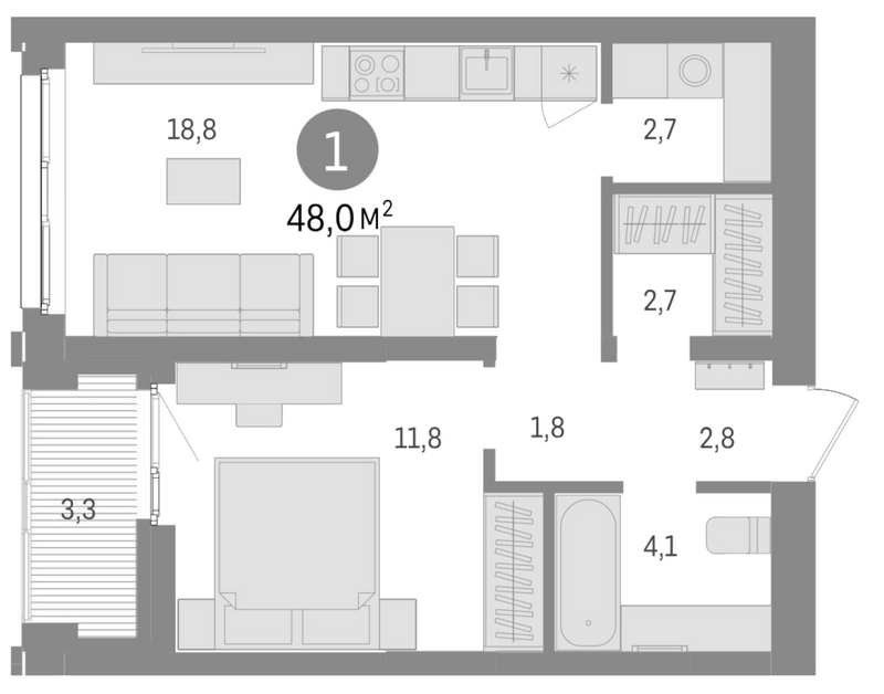 Планировка 2е-к. квартира 44.70 м² в ЖК «Европейский берег»