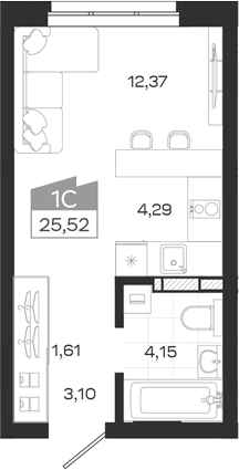 Планировка студии 25.52 м² в ЖК «Квартал 54»