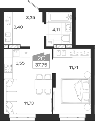 Планировка 2е-к.кв 37.75 м² в ЖК «Квартал 54»