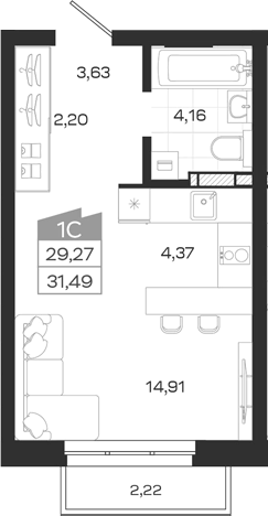 Планировка студии 29.27 м² в ЖК «Квартал 54»
