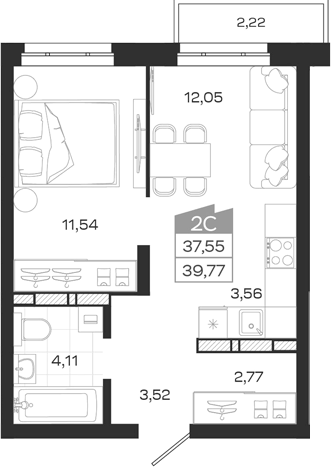 Планировка 2е-к.кв 37.55 м² в ЖК «Квартал 54»