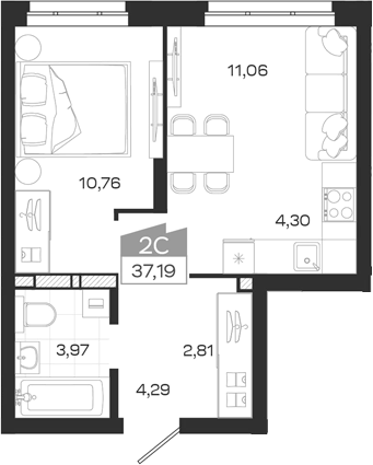 Планировка 2е-к.кв 37.19 м² в ЖК «Квартал 54»