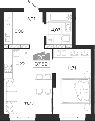 Планировка 2е-к.кв 37.59 м² в ЖК «Квартал 54»
