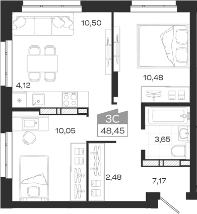 Планировка 3е-к.кв 48.45 м² в ЖК «Квартал 54»