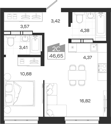 Планировка 2е-к.кв 46.65 м² в ЖК «Квартал 54»