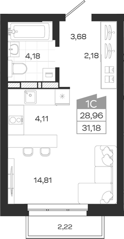 Планировка студии 28.96 м² в ЖК «Квартал 54»