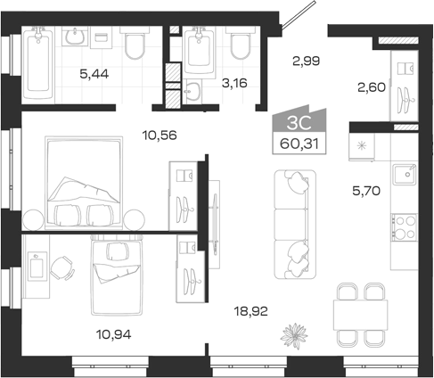 Планировка 3е-к.кв 60.31 м² в ЖК «Квартал 54»