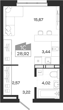 Планировка студии 28.92 м² в ЖК «Квартал 54»