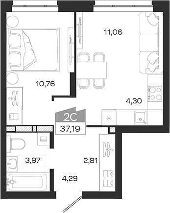 Планировка 2е-к.кв 37.19 м² в ЖК «Квартал 54»