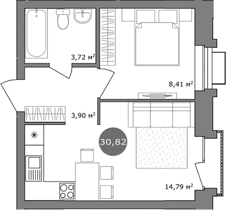 Планировка 2е-к.кв 30.80 м² в ЖК «19/56 Кварталы Телецентра»